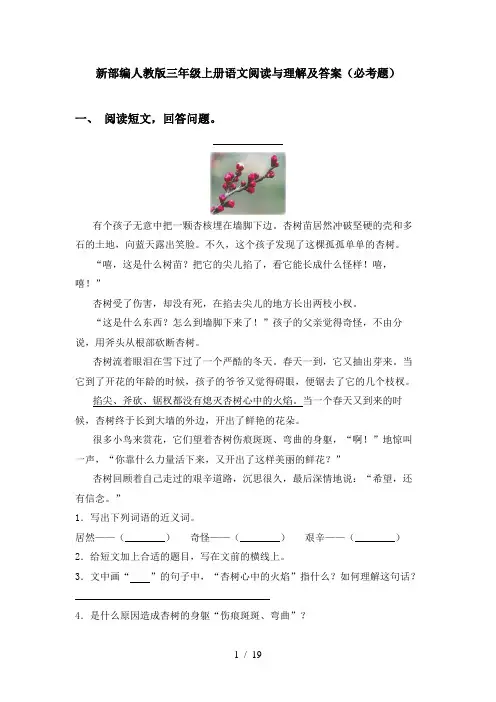 新部编人教版三年级上册语文阅读与理解及答案(必考题)