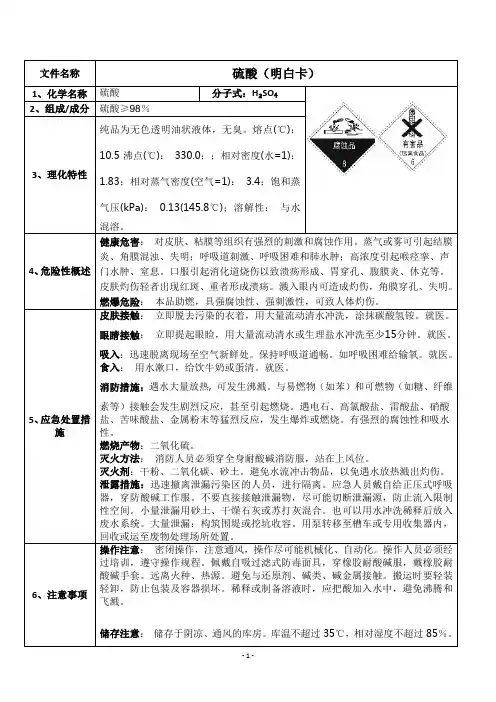 危化品硫酸安全周知卡(明白卡)
