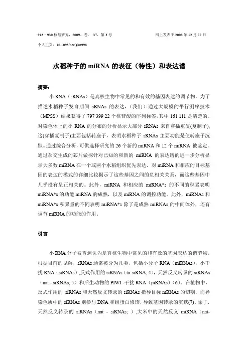 水稻种子的miRNA的表征(特性)和表达谱