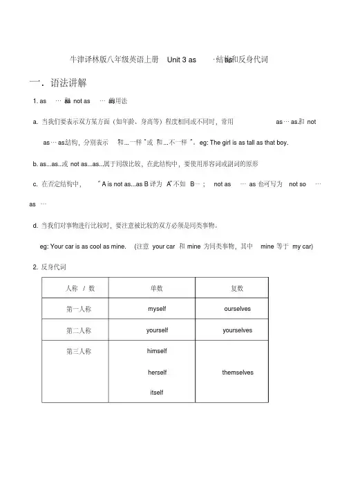 牛津译林版八年级英语上册Unit3as…as结构和反身代词同步语法讲解和练习