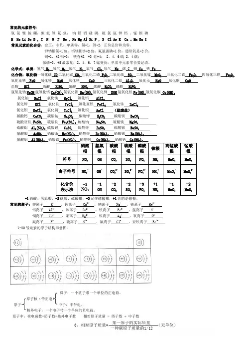 初中化学常见的元素符号
