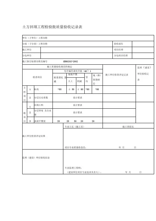 土方回填工程检验批质量验收记录表