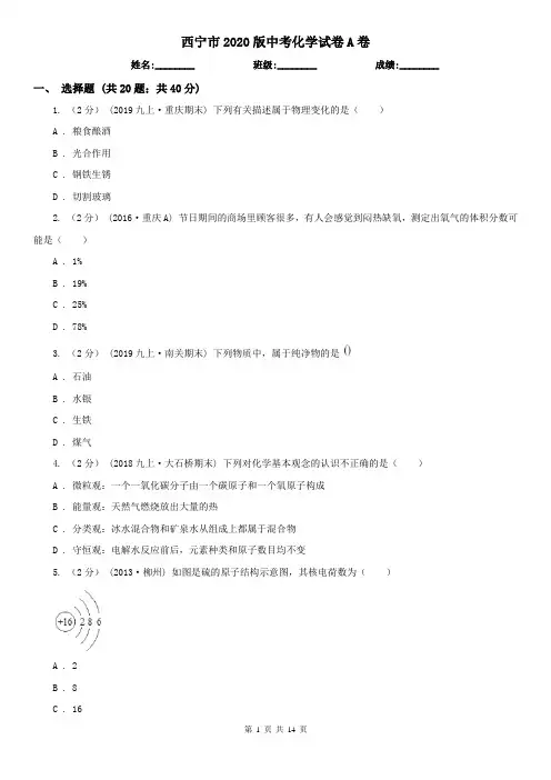 西宁市2020版中考化学试卷A卷