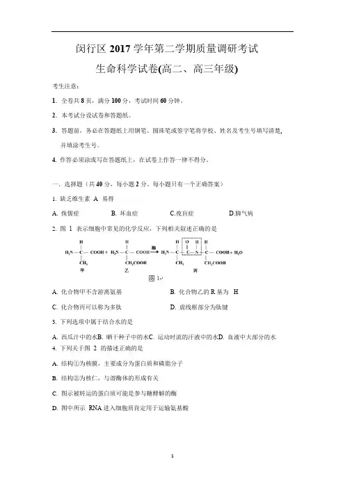 上海市闵行区2018届高三下学期质量调研(二模)生命科学试卷word版含答案