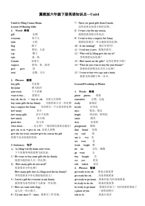 冀教版六年级下册英语知识点UNIT4.doc