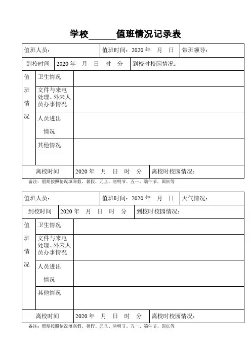 学校假期值日值班情况记录表