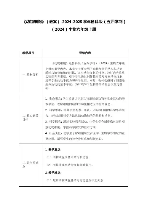 《动物细胞》(教案)-2024-2025学年鲁科版(五四学制)(2024)生物六年级上册