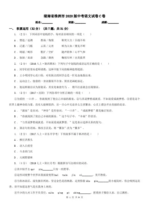 湖南省株洲市2020版中考语文试卷C卷