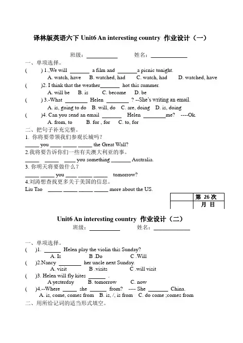 译林版英语六下Unit6 An interesting country 作业设计(一)-(五)