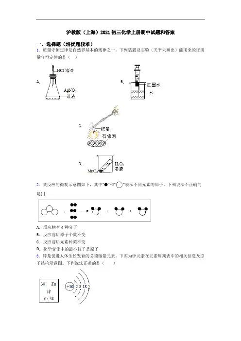 沪教版(上海)2021初三初三化学上册期中试题和答案
