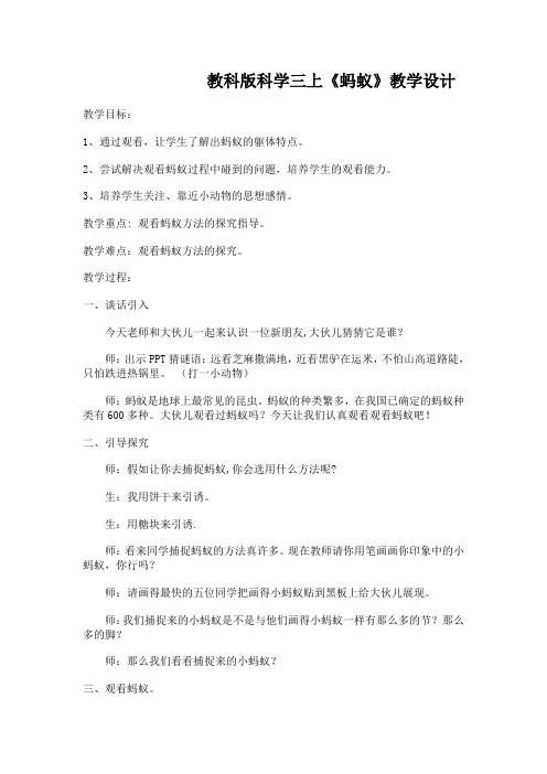 教科版科学三上《蚂蚁》教学设计
