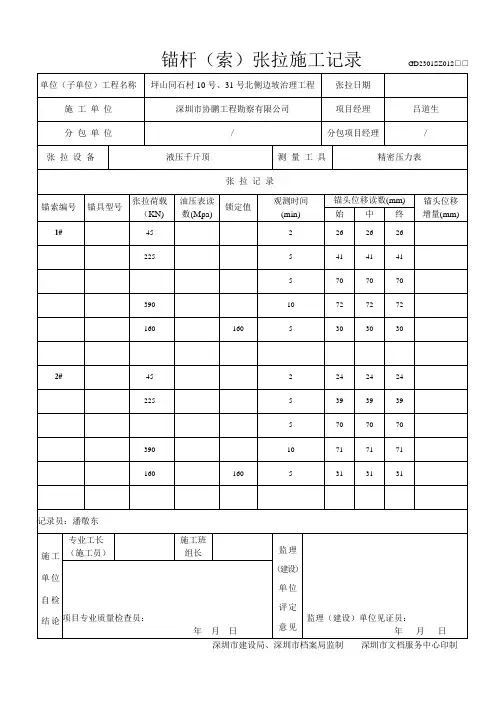 锚索张拉施工记录