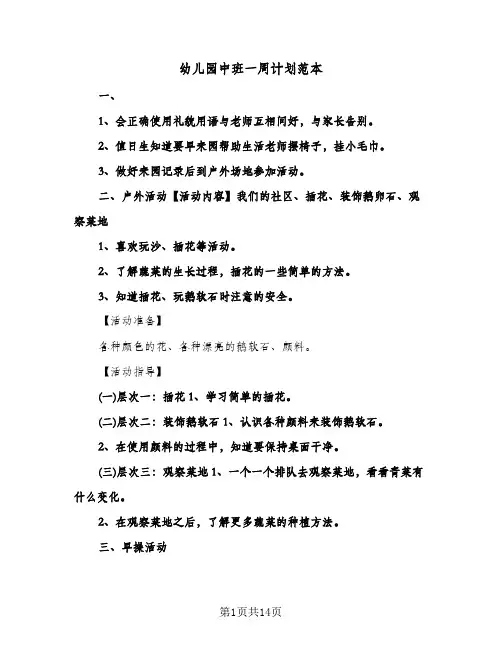 2024年幼儿园中班一周计划范本（4篇）
