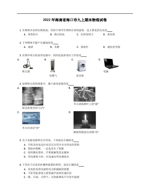 2022年海南省海口市九年级上学期期末物理试卷(含答案)