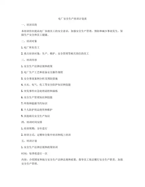 电厂安全生产培训计划表