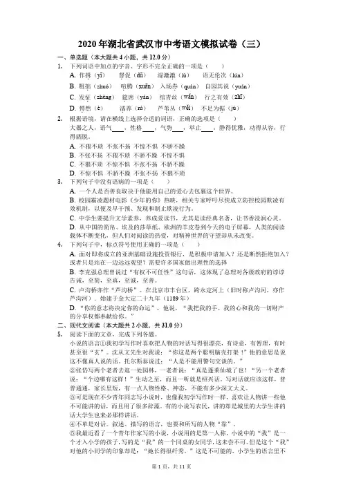 2020年湖北省武汉市中考语文模拟试卷(三)(含答案解析)