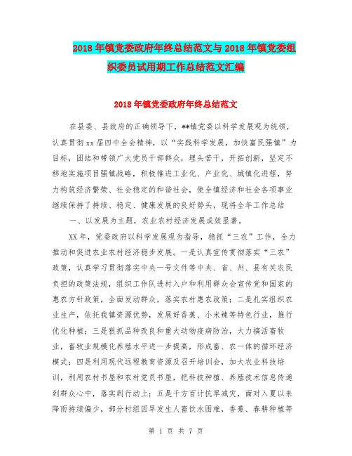 2018年镇党委政府年终总结范文与2018年镇党委组织委员试用期工作总结范文汇编.doc