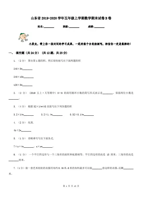 山东省2019-2020学年五年级上学期数学期末试卷B卷