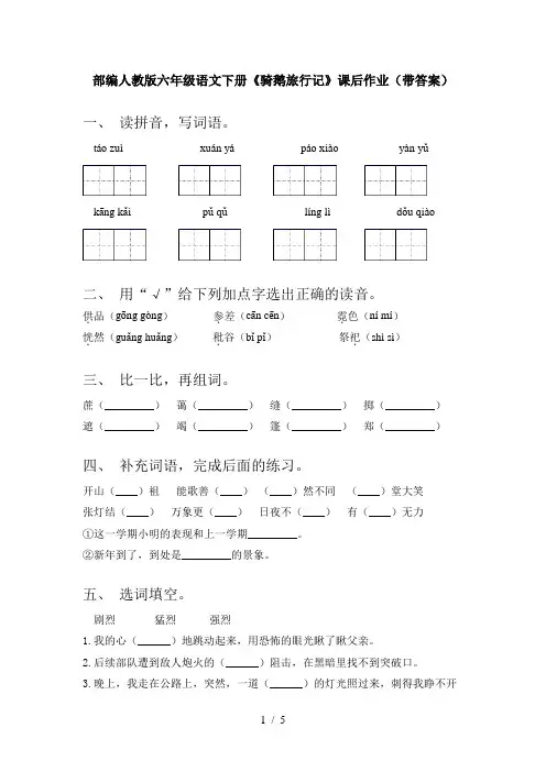 部编人教版六年级语文下册《骑鹅旅行记》课后作业(带答案)