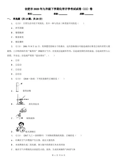合肥市2020年九年级下学期化学开学考试试卷(II)卷
