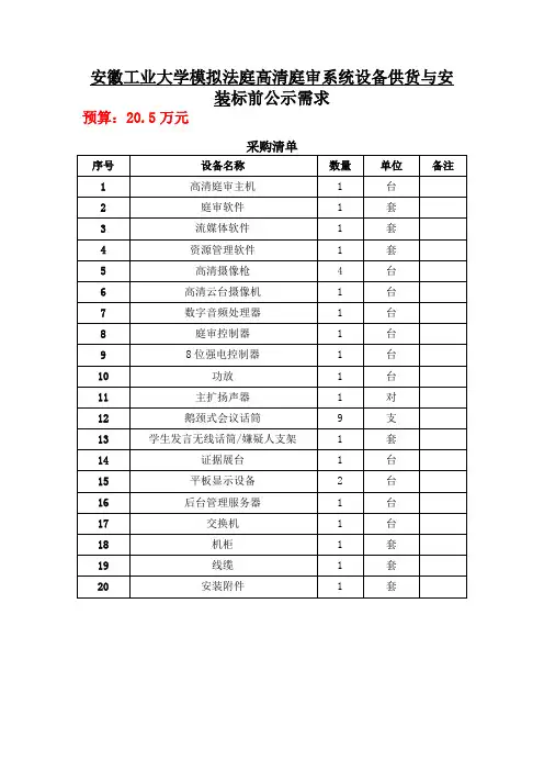 安徽工业大模拟法庭高清庭审系统设备供货与安装标前公示