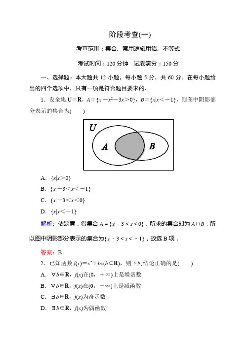 【状元之路】2015高考数学(人教A版,文)一轮阶段考查1 集合、常用逻辑用语、不等式