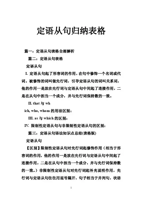 定语从句归纳表格