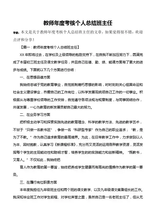 教师年度考核个人总结班主任