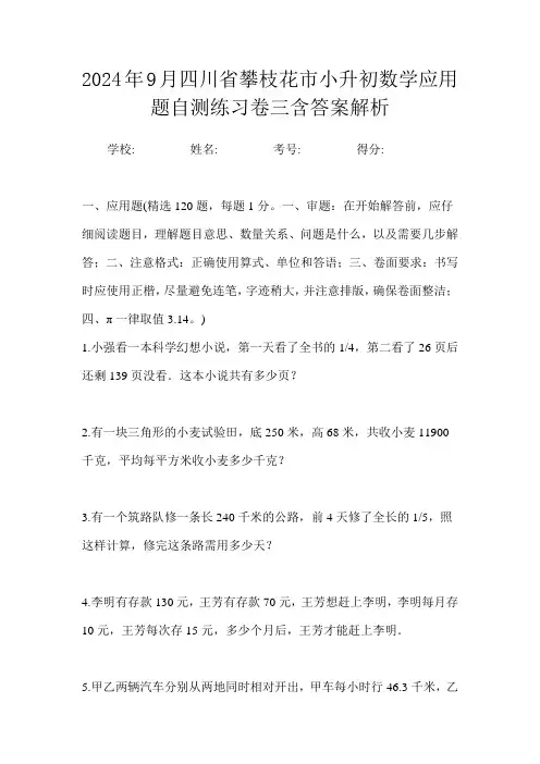 2024年9月四川省攀枝花市小升初数学应用题自测练习卷三含答案解析