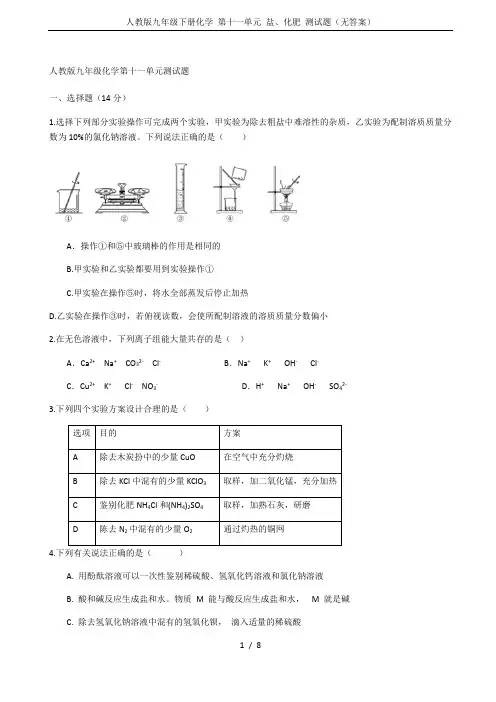 人教版九年级下册化学 第十一单元 盐、化肥 测试题(无答案)