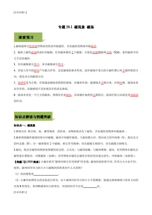 2019-2020学年人教版九年级全一册物理精讲精练20-1 磁现象 磁场