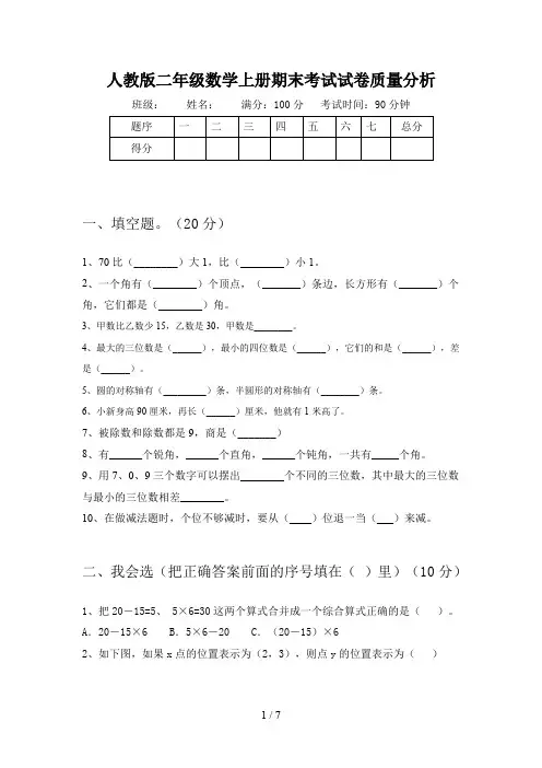 人教版二年级数学上册期末考试试卷质量分析