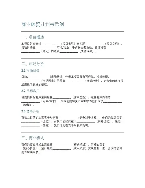 商业融资计划书示例