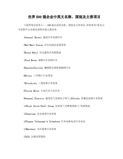 世界500强企业中英文名称国别及主营项目