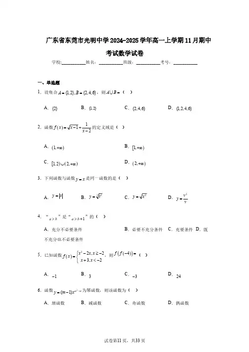 广东省东莞市光明中学2024-2025学年高一上学期11月期中考试数学试卷