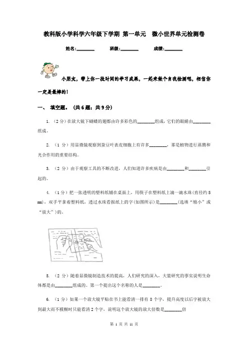 教科版小学科学六年级下学期 第一单元  微小世界单元检测卷