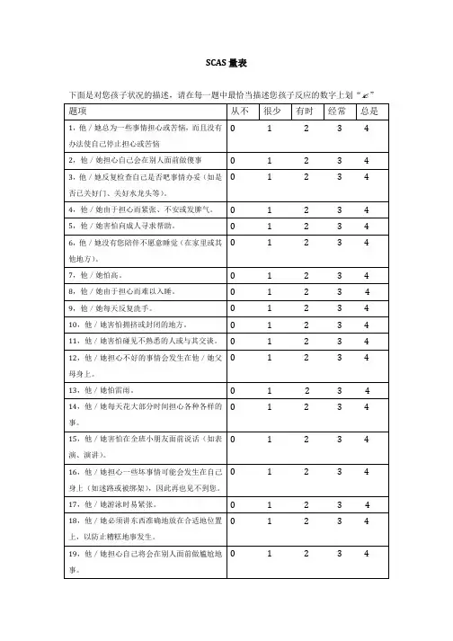 SCAS学前儿童焦虑量表