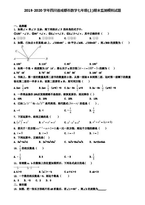 2019-2020学年四川省成都市数学七年级(上)期末监测模拟试题