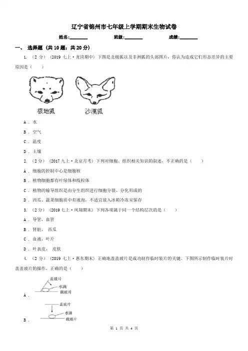 辽宁省锦州市七年级上学期期末生物试卷