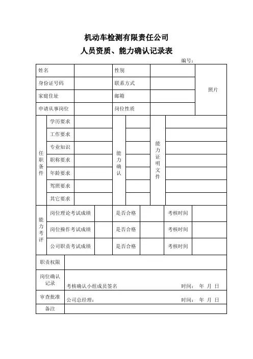 机动车检测站员工资质与能力确认记录表