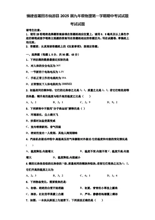 福建省莆田市仙游县2025届九年级物理第一学期期中考试试题含解析