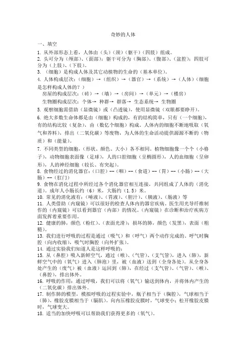 冀教版六年级科学下册第二单元奇妙的人体知识点汇总