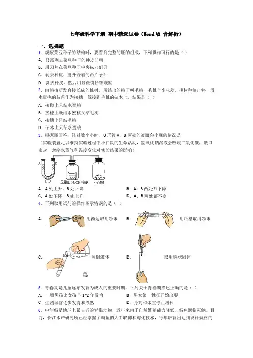 七年级科学下册 期中精选试卷(Word版 含解析)