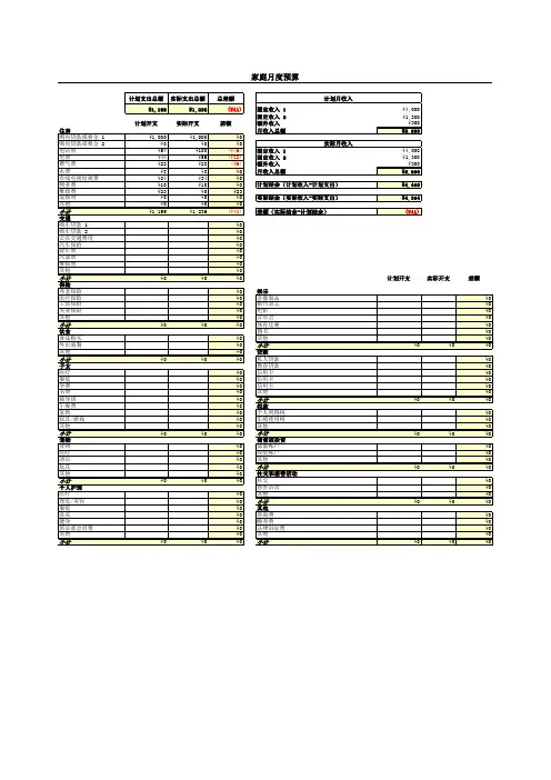 Excel表格通用模板：月度家庭预算-(函数自动汇总)