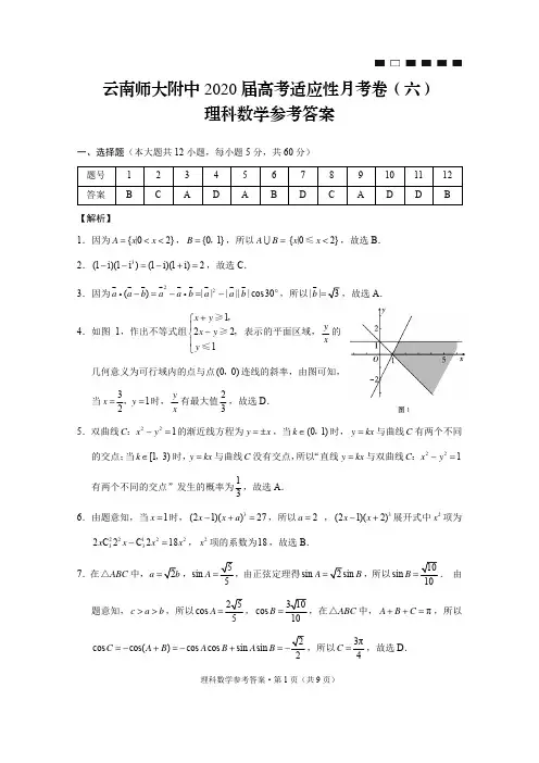 云南师大附中2020届高考适应性月考卷(六)理数-答案