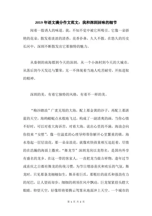 2019年语文满分作文范文：我和深圳回味的细节