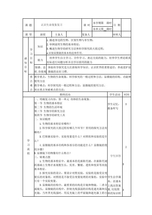 山东省邹平县实验中学济南版七年级生物上册教案第一单元 第一章 认识生命现象复习