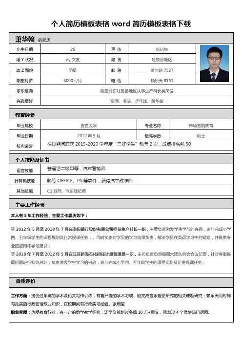 个人简历模板表格word简历模板表格下载