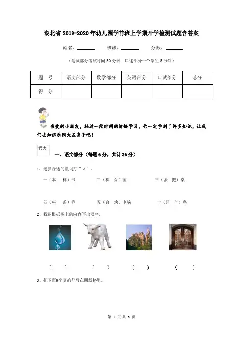湖北省2019-2020年幼儿园学前班上学期开学检测试题含答案