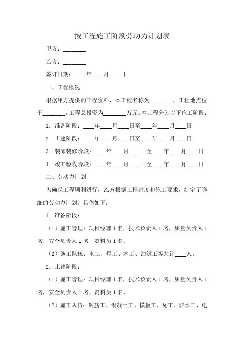 按工程施工阶段劳动力计划表